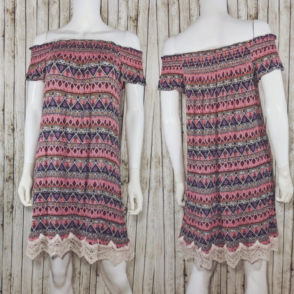 Xhilaration Off Shoulder Boho Crochet Trim Dress L